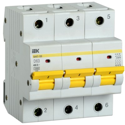 Автоматический выключатель модульный 3п D 63А 15кА ВА47-150 IEK MVA50-3-063-D