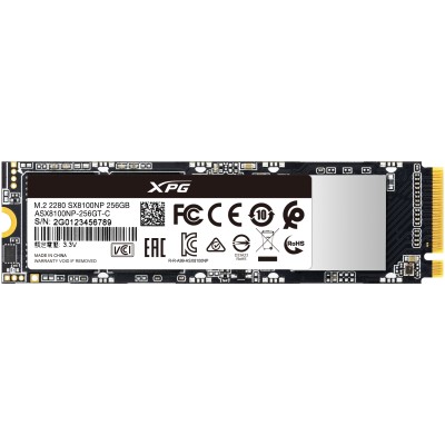 Твердотельный накопитель ADATA SSD SX8100, 256GB, M.2(22x80mm), NVMe 1.3, PCIe 3.0 x4, 3D TLC, R/W 3500/1200MB/s, IOPs 160 000/140 000, DRAM buffer, TBW 160, DWPD 0.34 (5 лет)