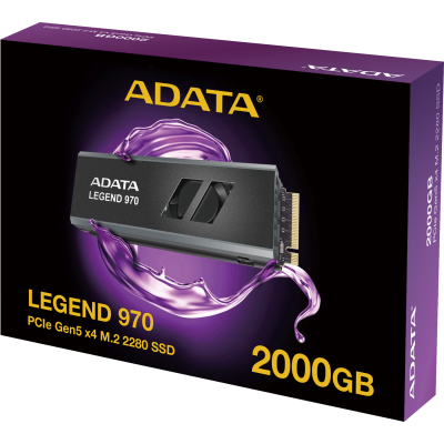 Твердотельный накопитель ADATA SSD LEGEND 970, 2000GB, M.2(22x80mm), NVMe 2.0, PCIe 5.0 x4, 3D NAND, R/W 10000/10000MB/s, IOPs 1 400 000/1 400 000, TBW 1400, DWPD 0.38, with Heat Sink (5 лет)