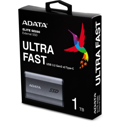 Твердотельный накопитель ADATA External SSD SE880, 1024GB, USB 3.2 Gen2 Type-C to Type-C/A, up to R/W 2000/2000 MB/s, 65x35x12.5mm, 31g, Titanium Gray (5 лет)