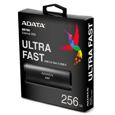 Твердотельный накопитель ADATA External SSD SE760, 256GB, Type-C, USB 3.2 Gen2, R/W 1000/800 MB/s, 122x44x14mm, Black (3 года)