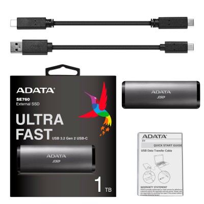 Твердотельный накопитель ADATA External SSD SE760, 1024GB, Type-C, USB 3.2 Gen2, R/W 1000/800 MB/s, 122x44x14mm, Titan-Gray (3 года)