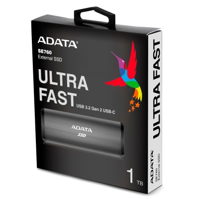 Твердотельный накопитель ADATA External SSD SE760, 1024GB, Type-C, USB 3.2 Gen2, R/W 1000/800 MB/s, 122x44x14mm, Titan-Gray (3 года)