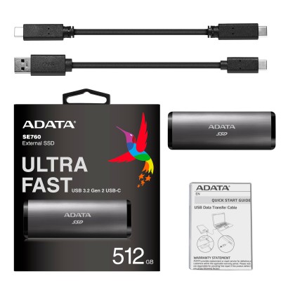 Твердотельный накопитель ADATA External SSD SE760, 512GB, Type-C, USB 3.2 Gen2, R/W 1000/800 MB/s, 122x44x14mm, Titan-Gray (3 года)