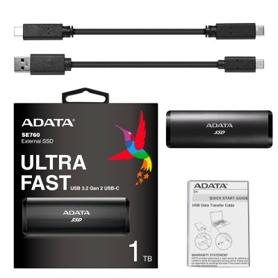 Твердотельный накопитель ADATA External SSD SE760, 1024GB, Type-C, USB 3.2 Gen2, R/W 1000/800 MB/s, 122x44x14mm, Black (3 года)