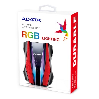 Внешний жесткий диск Portable HDD 1TB ADATA HD770G (Red), USB 3.2 Gen1, IP68, RGB lighting, 139x98x26mm, 270g /3 года/