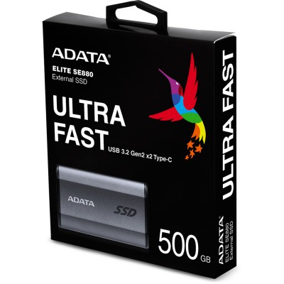 Твердотельный накопитель ADATA External SSD SE880, 512GB, Type-C, USB 3.2 Gen2х2, up to R/W 2000/2000 MB/s, 64.8x35x12.5mm, Titanium Gray (5 лет)