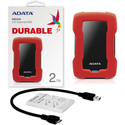 Внешний жесткий диск Portable HDD 2TB ADATA HD330 (Red), Silicone, USB 3.2 Gen1, 133x89x16mm, 190g /3 года/