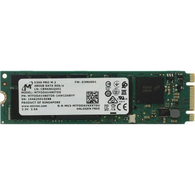 Твердотельный накопитель Micron SSD 5300 PRO, 480GB, M.2(22x80mm), SATA3, 3D TLC, R/W 540/410MB/s, IOPs 85 000/36 000, TBW 1324, DWPD 1.5 (12 мес.)