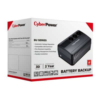 ИБП CyberPower BU725E, Line-Interactive, 725VA/390W, 3 Schuko розетки, Black, 0.15х0.15х0.2м., 5кг. UPS Line-Interactive CyberPower BU725E 725VA/390W (3 EURO) BU725E