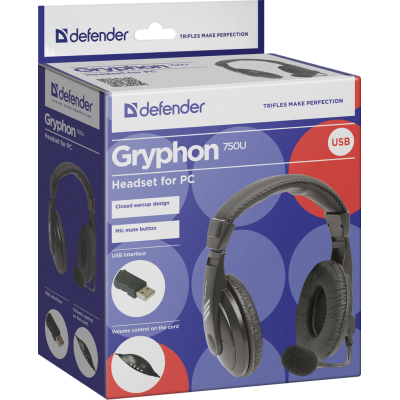 Defender Компьютерная гарнитура Gryphon 750U USB, черный, 1.8м кабель