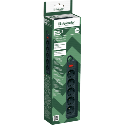 Сетевой фильтр Defender ES 3 3 м, черный, 5 розеток Surge Protector Defender ES 3 3m, black, 5 outlets