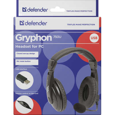 Defender Компьютерная гарнитура Gryphon 750U USB, черный, 1.8м кабель