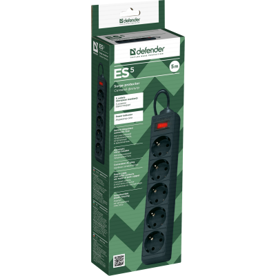 Сетевой фильтр Defender ES 5 5 м, черный, 5 розеток Surge Protector Defender ES 5 5m, black, 5 outlets