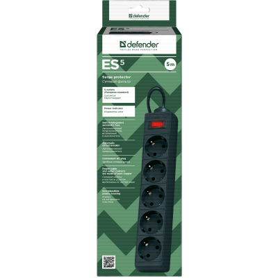 Сетевой фильтр Defender ES 5 5 м, черный, 5 розеток Surge Protector Defender ES 5 5m, black, 5 outlets