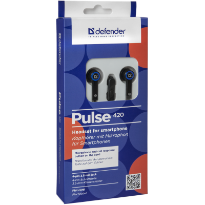 Defender Гарнитура для смартфонов Pulse 420 черный + синий, вставки