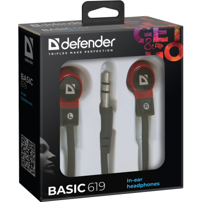 Defender Наушники вставки Basic 619 черный + красный