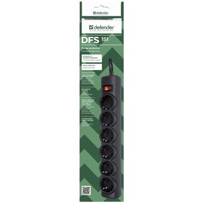 Сетевой фильтр Defender DFS 151 1,8 м, черный, 6 розеток Surge Protector Defender DFS 151 1,8m, black, 6 outlets