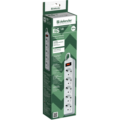 Сетевой фильтр Defender ES 1.8 1,8 м, белый, 5 розеток Surge Protector Defender ES 1.8 1,8m, white, 5 outlets