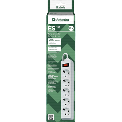 Сетевой фильтр Defender ES 1.8 1,8 м, белый, 5 розеток Surge Protector Defender ES 1.8 1,8m, white, 5 outlets