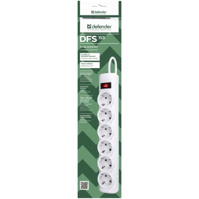 Сетевой фильтр Defender DFS 153 3 м, белый, 6 розеток Surge Protector Defender DFS 153 3m, white, 6 outlets