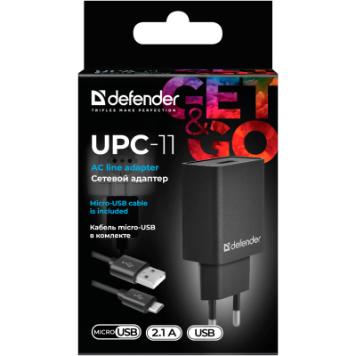 Defender Сетевой адаптер UPC-11 1xUSB,5V/2.1А,кабель micro-USB