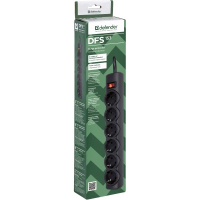 Сетевой фильтр Defender DFS 153 3 м, черный, 6 розеток Surge Protector Defender DFS 153 3m, black, 6 outlets