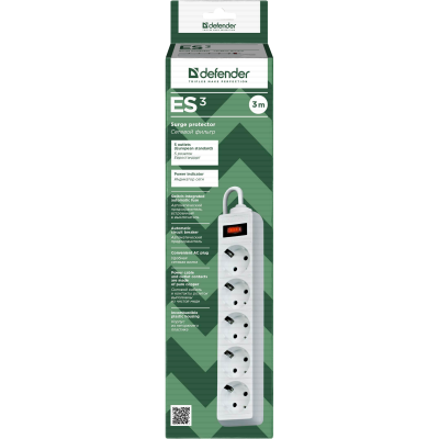 Сетевой фильтр Defender ES 3 3 м, белый, 5 розеток Surge Protector Defender ES 3 3m, white, 5 outlets