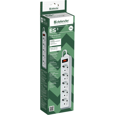 Сетевой фильтр Defender ES 3 3 м, белый, 5 розеток Surge Protector Defender ES 3 3m, white, 5 outlets