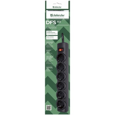 Сетевой фильтр Defender DFS 153 3 м, черный, 6 розеток Surge Protector Defender DFS 153 3m, black, 6 outlets