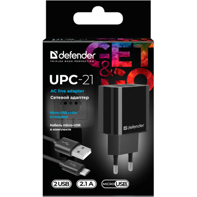 Defender Сетевой адаптер UPC-21 2xUSB,5V/2.1А кабель microUSB