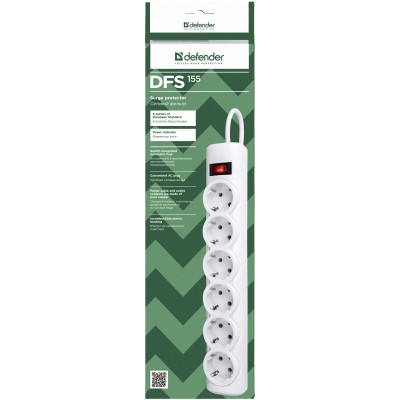 Сетевой фильтр Defender DFS 155 5 м, белый, 6 розеток Surge Protector Defender DFS 155 5m, white, 6 outlets