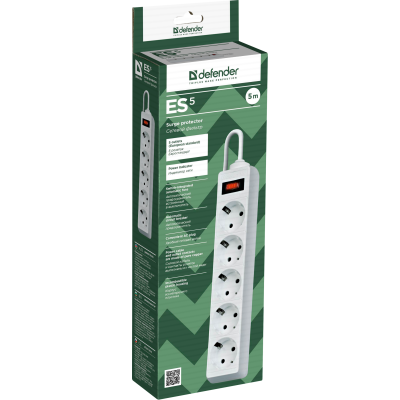 Сетевой фильтр Defender ES 5 5 м, белый, 5 розеток Surge Protector Defender ES 5 5m, white, 5 outlets