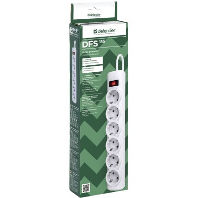 Сетевой фильтр Defender DFS 155 5 м, белый, 6 розеток Surge Protector Defender DFS 155 5m, white, 6 outlets