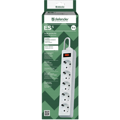 Сетевой фильтр Defender ES 5 5 м, белый, 5 розеток Surge Protector Defender ES 5 5m, white, 5 outlets