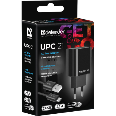 Defender Сетевой адаптер UPC-21 2xUSB,5V/2.1А кабель microUSB