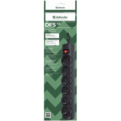 Сетевой фильтр Defender DFS 155 5 м, черный, 6 розеток Surge Protector Defender DFS 155 5m, black, 6 outlets