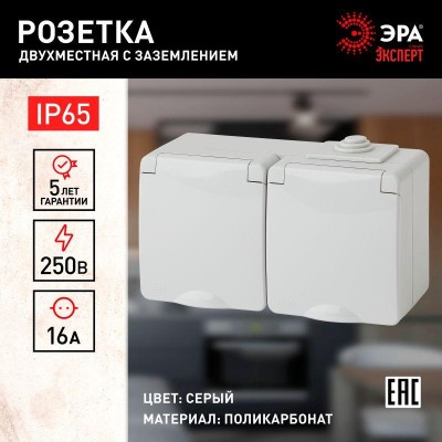 Розетка 2-м ОП Эра Эксперт 11-2603-03 16А IP65 горизонт. 250В 2х2P+E сер. Эра Б0035991