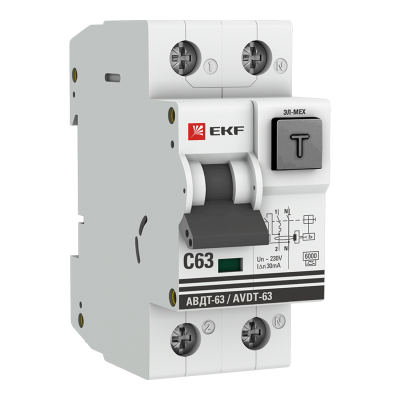 Выключатель автоматический дифференциального тока C 63А 30мА тип A 6кА АВДТ-63 (электрон.) PROxima EKF DA63-63-30