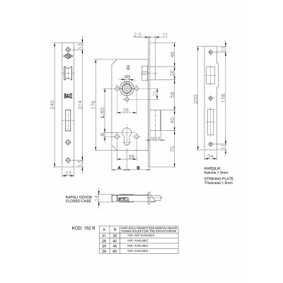 Замок врезной цилиндровый 152 R 35 G (заказ кратно 30 шт.) Kale Kilit