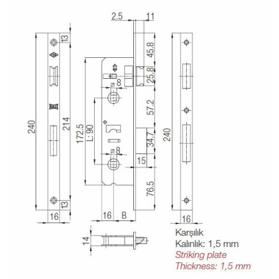 Замок врезной WC 269 P 25 WC CR Kale Kilit