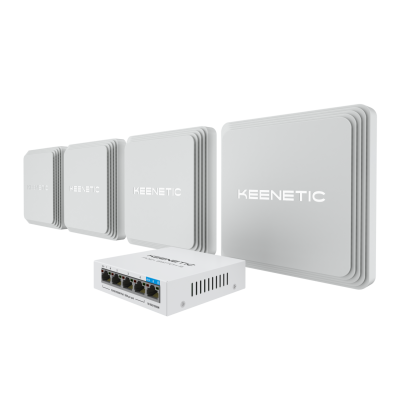Маршрутизатор Набор Keenetic Voyager Pro 4-Pack Гигабитный интернет-центр с Mesh Wi-Fi 6 AX1800, анализатором спектра Wi-Fi, 2-портовым Smart-коммутатором, переключателем режима роутер/ретранслятор и питанием Power over Ethernet (БП не входят в комплект) 