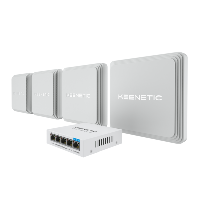 Маршрутизатор Набор Keenetic Orbiter Pro 4-Pack Гигабитный интернет-центр с Mesh Wi-Fi 5 AC1300, 2-портовым Smart-коммутатором, переключателем режима роутер/ретранслятор и питанием Power over Ethernet (БП не входят в комплект) и Keenetic PoE+ Switch 5 (KN