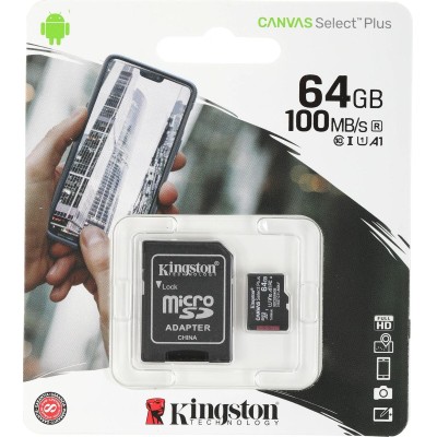 Карта памяти Kingston Canvas Select Plus microSDXC 64Gb Class 10 Flash U1 V10 R/W 100/85 MB/s with adapter