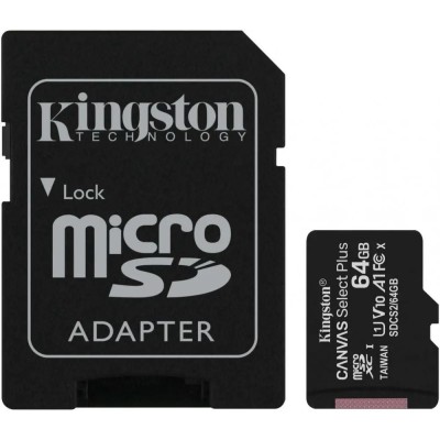 Карта памяти Kingston Canvas Select Plus microSDXC 64Gb Class 10 Flash U1 V10 R/W 100/85 MB/s with adapter