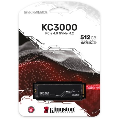 Твердотельный накопитель Kingston SSD KC3000, 512GB, M.2(22x80mm), NVMe, PCIe 4.0 x4, 3D TLC, R/W 7000/3900MB/s, IOPs 450 000/900 000, DRAM buffer 512MB, TBW 400, DWPD 0.71, with Heat Spreader (5 лет)