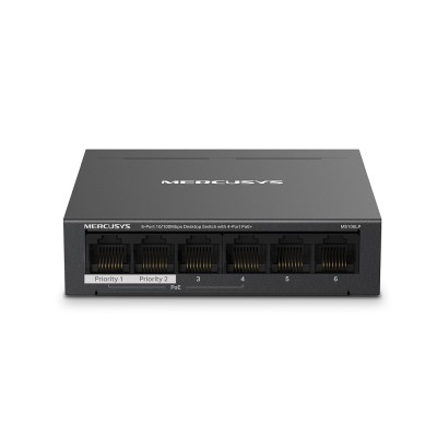 Коммутатор 6-Port 10/100 Mbps Desktop Switch with 4-Port PoE+ PORT: 4? 10/100 Mbps PoE+ Ports, 2? 10/100 Mbps Non-PoE Ports SPEC: Compatible with 802.3af/at PDs, 40 W PoE Power, Desktop Steel Case, Wall Mounting FEATURE: Extend Mode for 250m PoE Transmitt