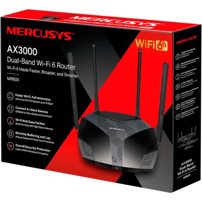 Маршрутизатор AX3000 Dual-Band Wi-Fi 6 Router, 574 Mbps at 2.4 GHz + 2402 Mbps at 5 GHz, 4x Fixed External Antennas, 3x Gigabit LAN Ports, 1x Gigabit WAN Port MR80X