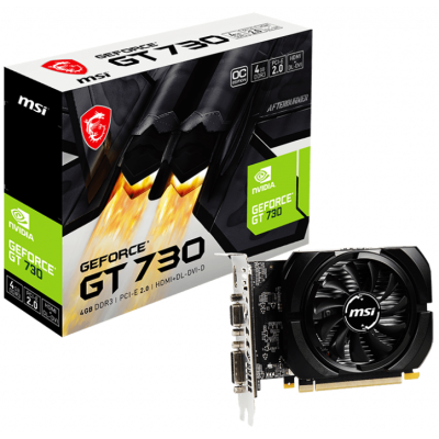 Видеокарта VGA MSI NVIDIA GeForce GT 730 4GB, DDR3/64-bit, PCIe 2.0, 1xD-Sub, 1xDVI-D, 1xHDMI 2.0, 2-slot N730K-4GD3 / OCV1