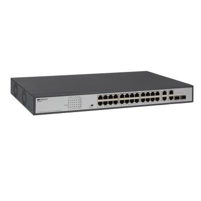 Коммутатор Неуправляемый PoE-коммутатор, 26x1000Base-T (24x1000Base-T PoE), 2xCombo 1000Base-T/SFP, PoE-бюджет 370 Вт, PoE до 250 м, комплект для установки в 19''